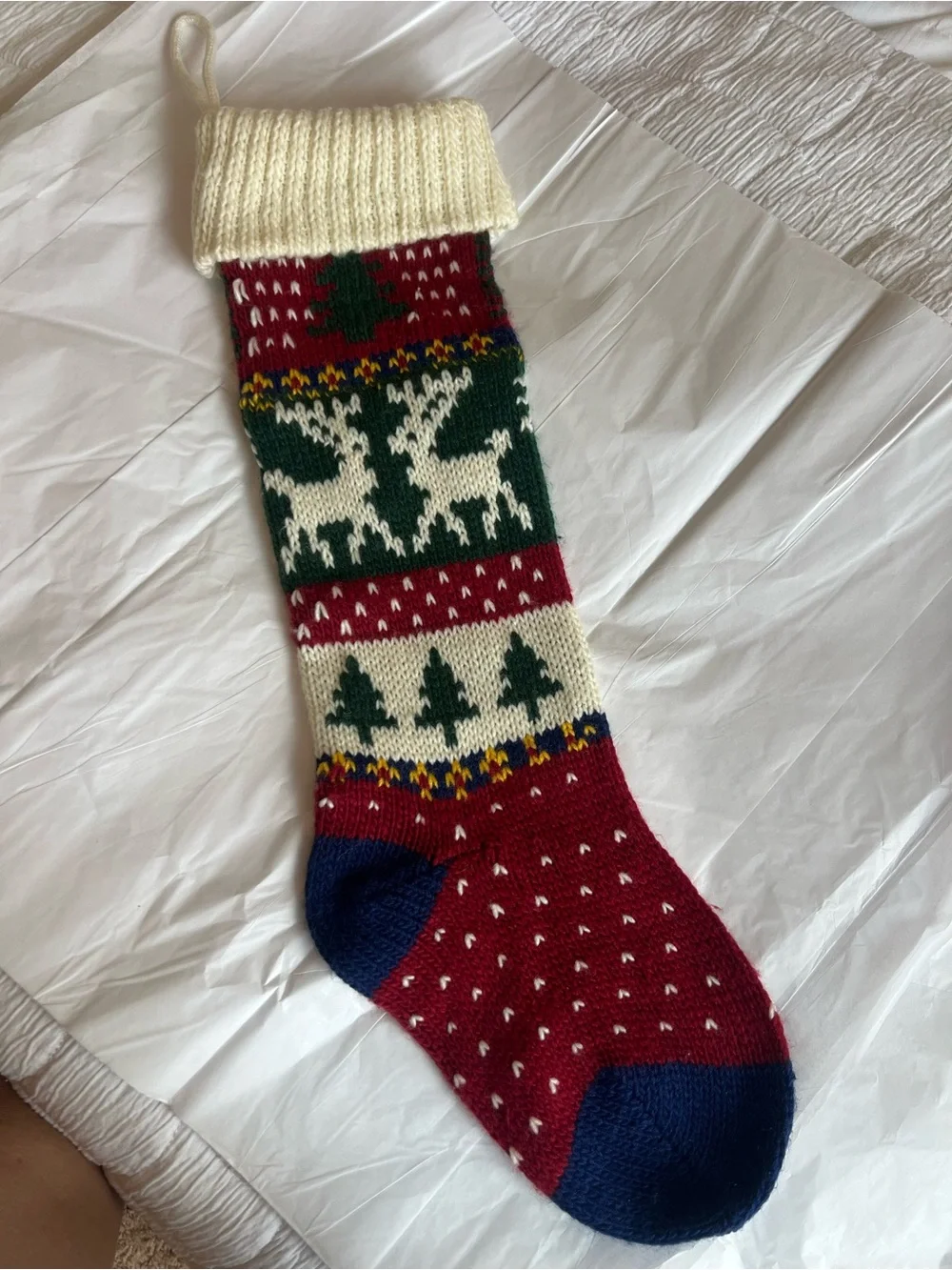 Holiday Knit Reindeer & Tree Christmas Stocking - Cream, Red, Green, Blue